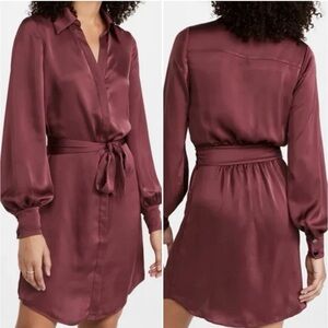 Ramy Brook Bordeaux Red Satin Belted Long Button down Shirt Dress Size 10